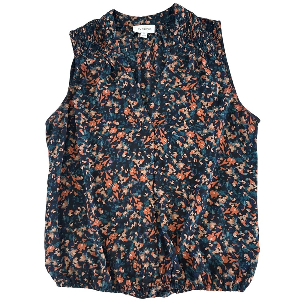 Evereve Sleeveless Blouse M Navy Orange Floral Smocked V-Neck Elastic Waist